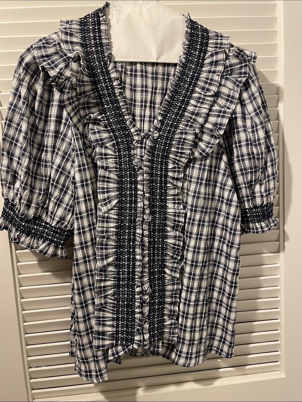 easel Black and White Plaid Ruffled V-Neck Blouse